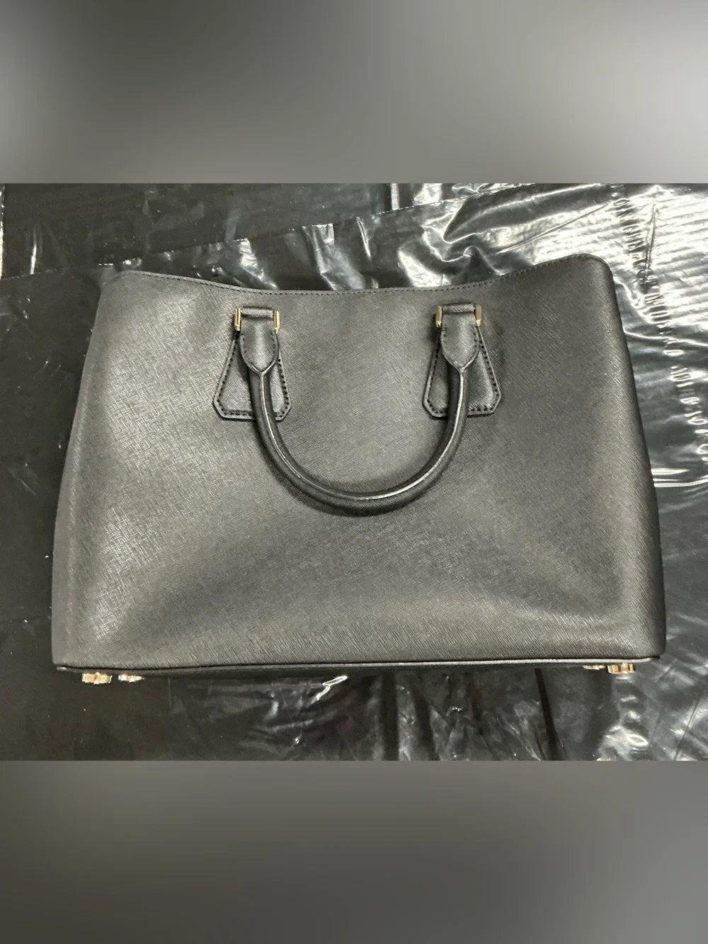 Michael Kors Black Leather Satchel with Gold MK Charm L69-1005